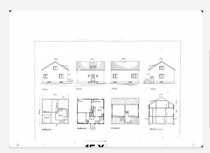 Ritningar med olika vyer och planlösningar för en enfamiljshusmodell.