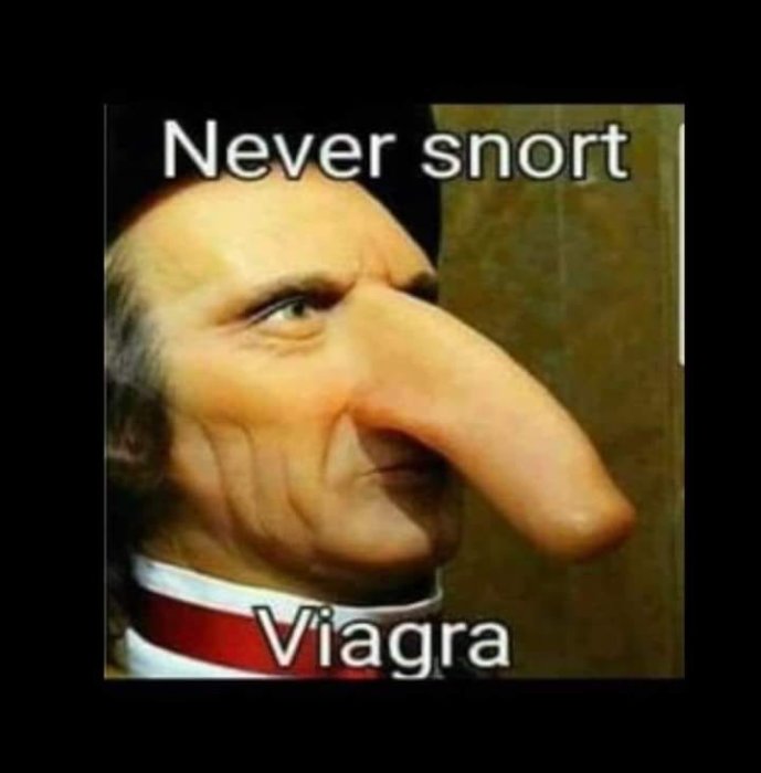 Meme med manipulerat porträtt för att likna en näsa, text "Never snort Viagra".