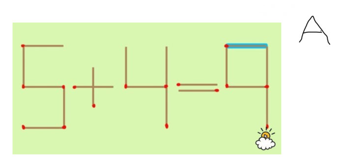 Pinnar formar ekvationen "3+4=7" med en flyttbar pinne i en matematisk klurighet.