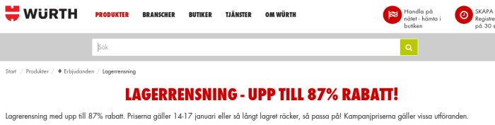 Webbsida för Würth med lagerrensningserbjudande om upp till 87% rabatt.