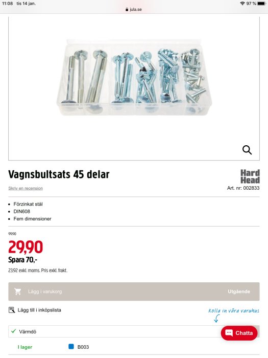 Vagnsbultsats med 45 delar i olika storlekar visad i förpackning från Jula med priset och artikelnummer synligt.