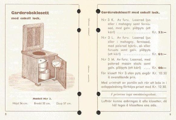 Gammal illustration av olika modeller av garderobsklosetter med priser och mått, inklusive en urintratt.