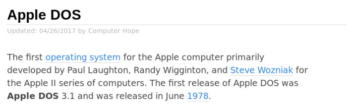 Utdrag om Apple DOS som första operativsystem för Apple-datorer, ursprungligen utvecklat 1978.