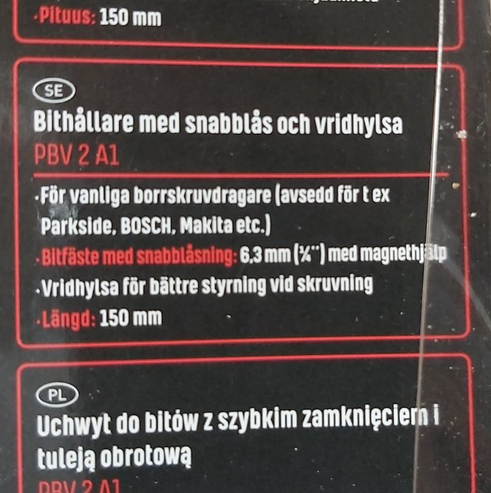 Informationsetikett för 15 cm bitshållare med snabblås och vridhylsa i svensk och polsk text.