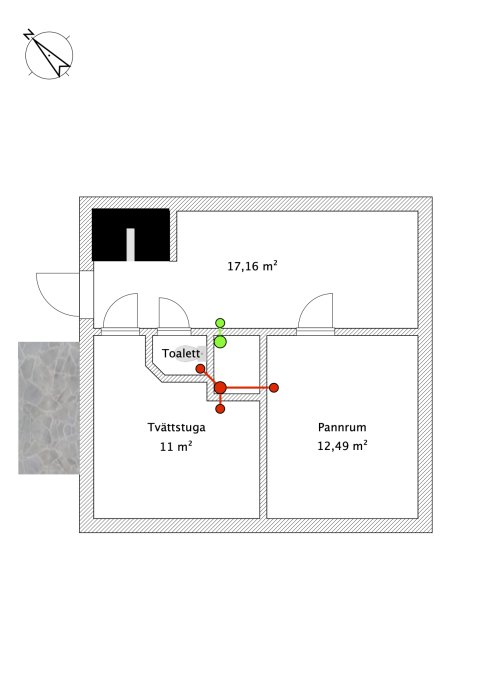 Ritning av husplan med markerade ventilationskanaler och ventiler i ett renoveringsprojekt.