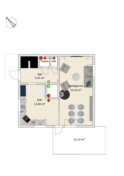 Planritning av ett hus med markerade placeringar för ventilationsventiler och kanaler i kök, hall och vardagsrum.