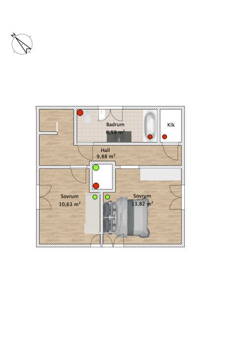Plant ritning av ett hus med markerade förslag på placeringar för ventilationssystemets ventiler och kanaler.