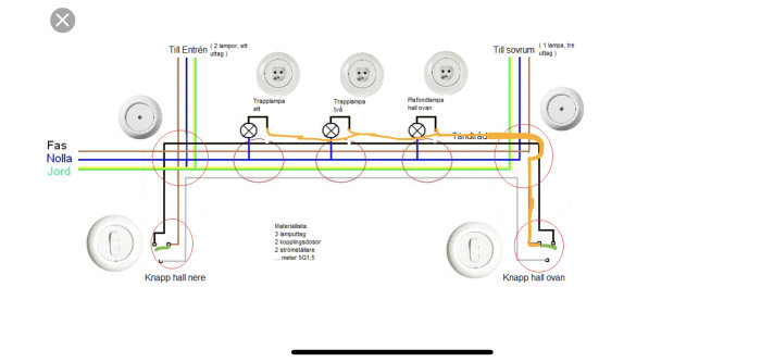 Elektrisk kopplingsschema som visar traditionell trappkoppling med kablar och lamputtag.