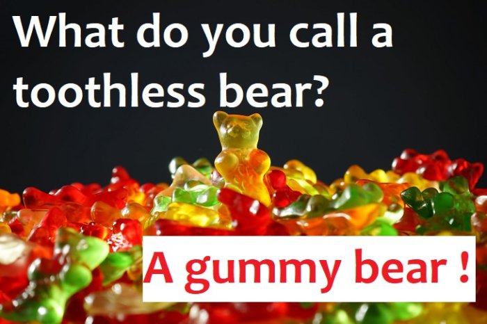 Färgglada gumminallar med skämtet "What do you call a toothless bear? A gummy bear!