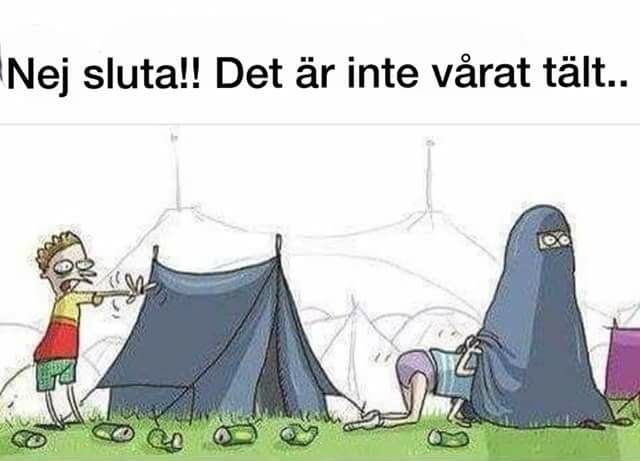 Illustration av missförstånd på camping med tält och personer i missvisande position.