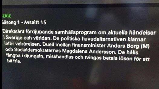 Text-TV-skärm som visar programinformation med text om politiskt samhällsprogram.