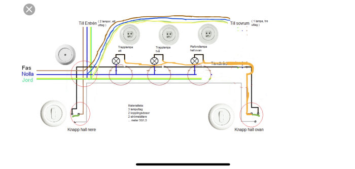 Elektriskt kopplingsschema för trappkoppling som visar kablar och lampor med föreslagen alternativ väg för matningen.