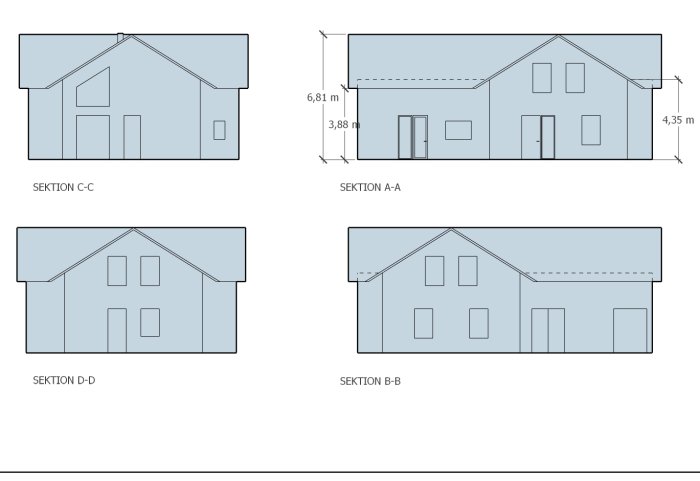 Arkitektoniska sektioner av ett hus i fyra vyer med angivna mått för höjd.