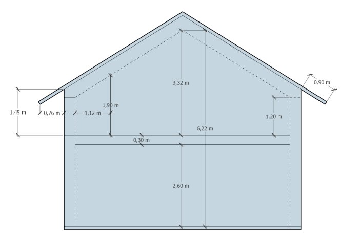Teknisk ritning av en hussektion med mått på väggar och takhöjd.