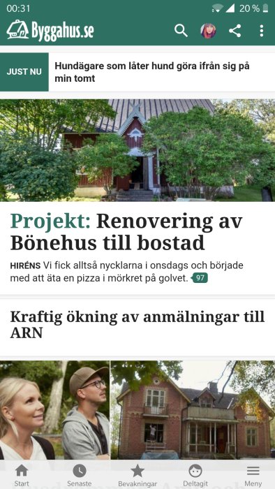 Skärmdump av Byggahus.se med artikelrubrik "Projekt: Renovering av Bönehus till bostad" och bild på ett rött tegelhus.