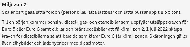 Text på skärmdump som beskriver regler för miljözon 2 för fordon i Sverige.