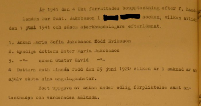Gammalt dokument om bouppteckning från 1941 med namn som Gustav David, relaterat till arv av mark.