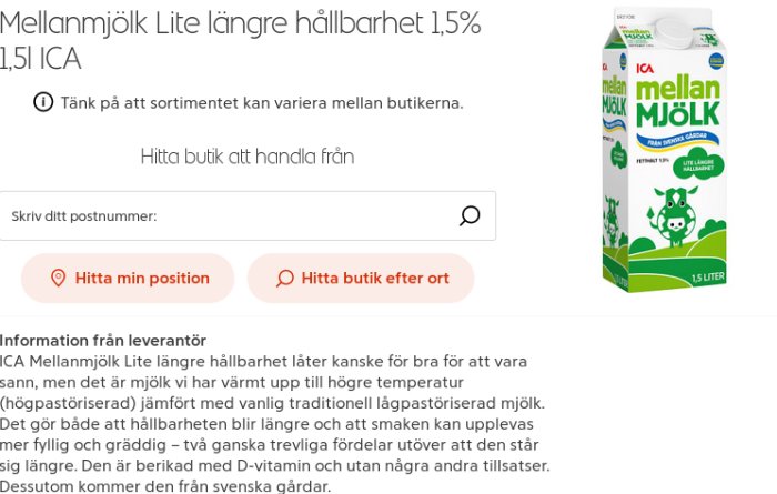 Förpackning av ICA Mellanmjölk med märkningen "Lite längre hållbarhet 1,5%" bredvid text om dess långa hållbarhet och D-vitaminberikning.
