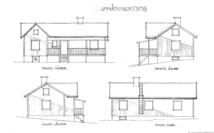 Handritade skisser av enplanshus med tillbyggnad i olika vyer: syd, öst och norr.