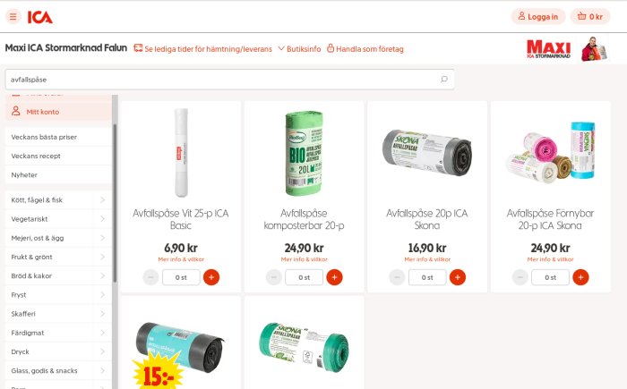 Webbsida för ICA med olika soppåsar och priser, erbjudande på komposterbar påse framhävt.