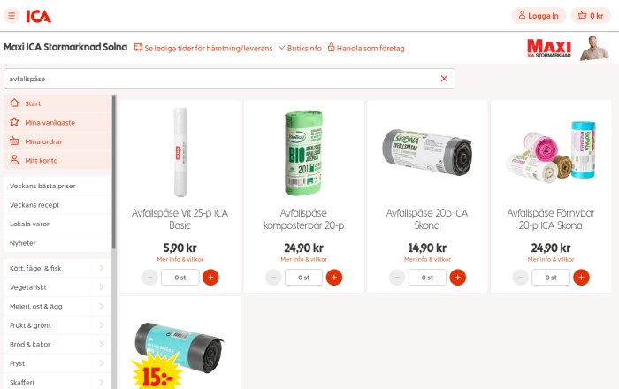 ICA Storbutikens webbsida visar olika sorters soppåsar med priser från 5.90 till 24.90 kr.