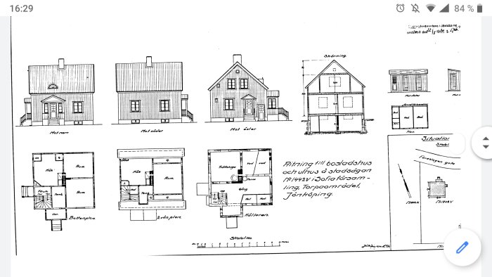 Arkitektritningar av ett hus med fasader, planlösning och sektioner, noterat som bostadshus i Jönköping.