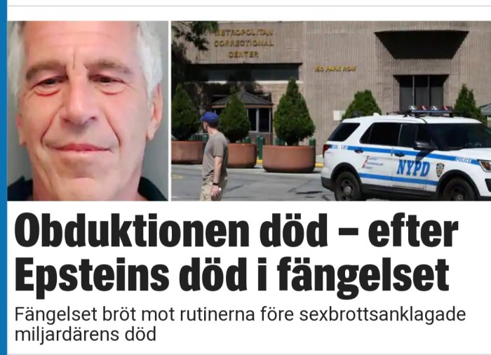 Nyhetsartikel med foto av en man och Metropolitan Correctional Center med en polisbil framför, i samband med en artikel om obduktion.