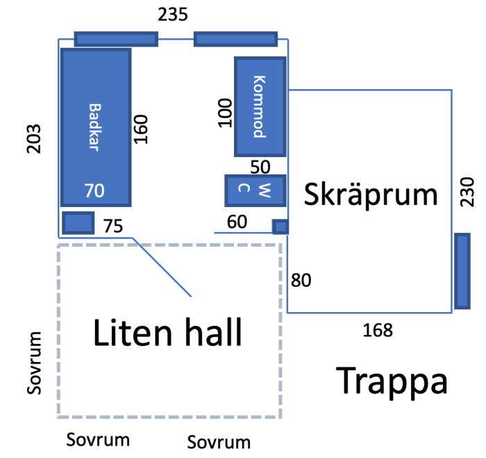 Planritning över en våning med indikation på skräprum, liten hall och badrum som saknar dusch och handdukstork.