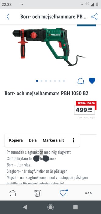 En borr- och mejselhammare PBH 1050 B2 från Parkside i grönt och svart på vit bakgrund.