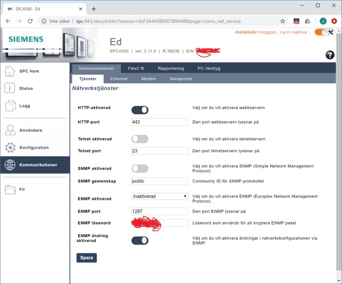 Skärmdump av inställningar för nätverkstjänster på en larmsystems webbpanel utan TLS-aktiveringsalternativ.