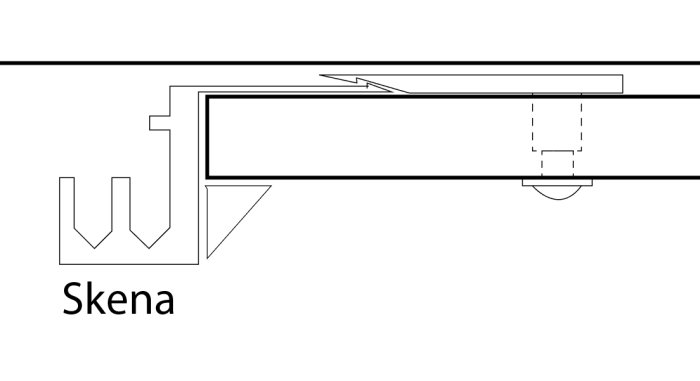 Teknisk ritning av en skjutdörrsskena med märkningar och dimensioner.