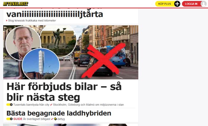 Skärmdump från Aftonbladet, artikel om förbud mot bilar med rött kryss över bild av trafik, inklusiva rubrik och logga.