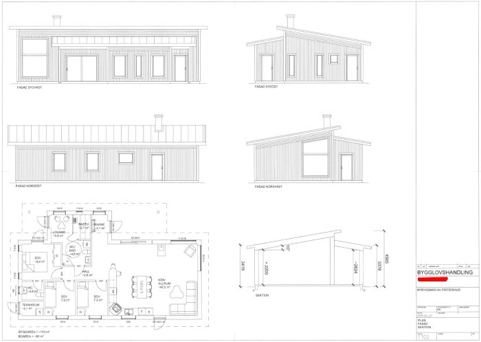 Arkitektritningar av ett planerat fritidshus med fasadvyer och planlösning, inkluderar mått och rumsfördelning.