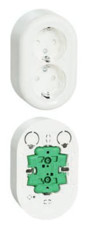 Elektriskt vägguttag delat i två delar, övre delen är sockeln och undre delen visar plug in-fästet.