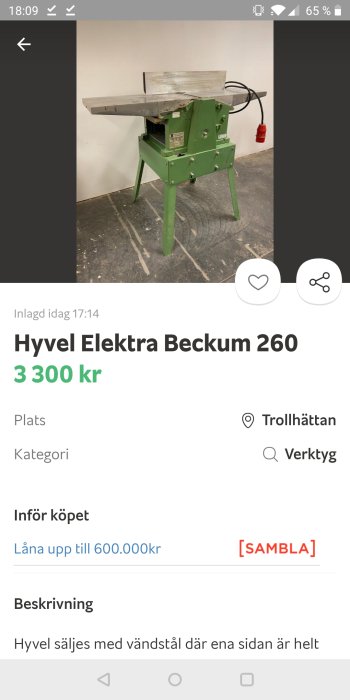 Grön hyvelmaskin Elektra Beckum 260 med tillbehör, på ett verkstadsgolv.