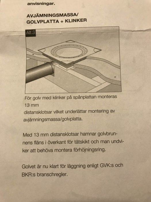 Illustration av installation för golvbrunn med avjämningsmassa, golvplatta och klinker på spånskiva.