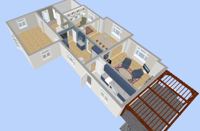 3D-ritning över hus med föreslagna ändringar inklusive breddad dörröppning och ny vägg, möblerat för sociala sammanhang.