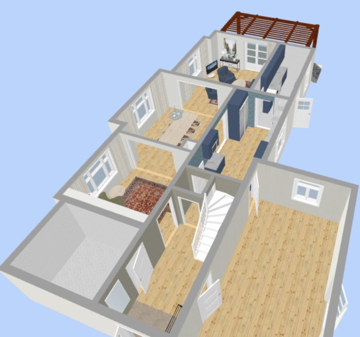 3D-plan av hus med breddad dörröppning, förslag på ny väggindelning och möblering från 1920-tal.