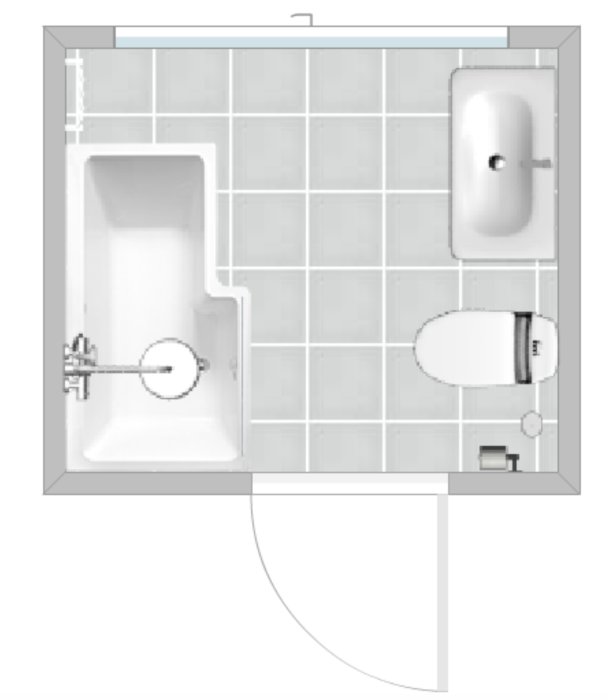 Planritning av ett badrum med badkar, handfat, och handdukstork nära ett fönster.