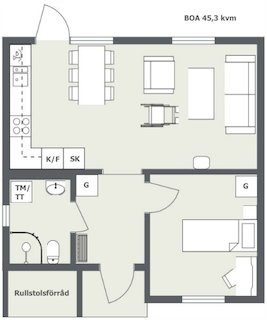 Ritning av en liten bostad på 45,3 kvm med markerat område för framtida rullstolsförråd.
