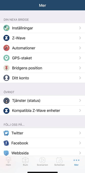 Skärmdump av en smartphone-app för smarta hem-enheter med menyalternativ för inställningar och systemstatus.