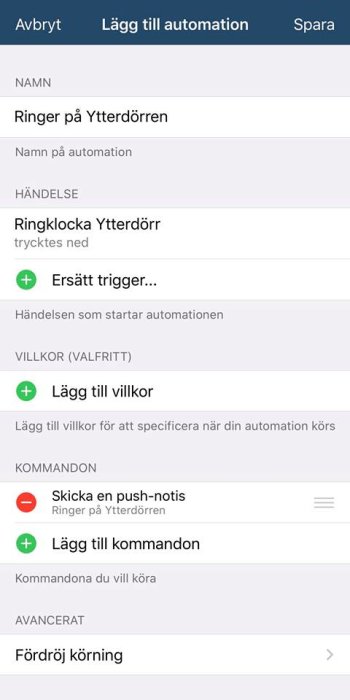 Skärmdump från en smartphone som visar en automatiseringsinställning för 'Ringklocka Ytterdörr' i en app.