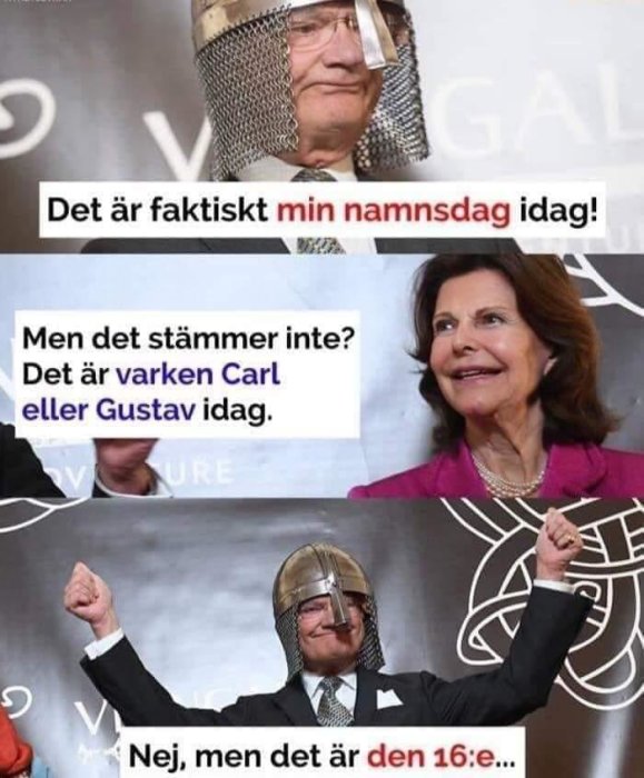 Bild med fotomontage av personer som diskuterar namnsdagar i roliga historiska hjälmar.