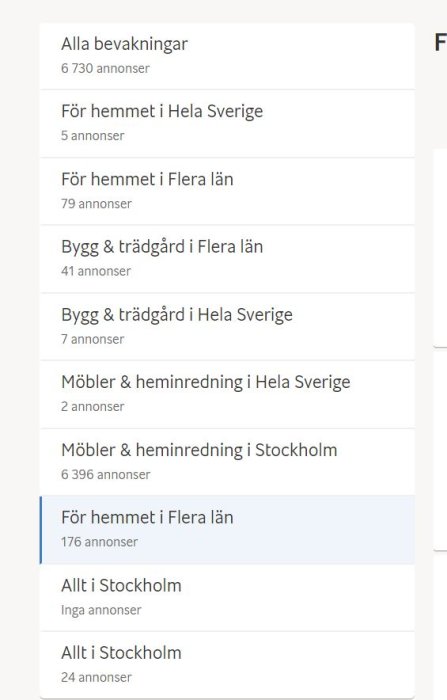 Skärmdump av en lista med olika kategorier av bevakningar med antal annonser på ett diskussionsforum.