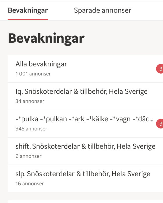 Skärmbild som visar en användares bevakningsinställningar med olika sökfilter för annonser.