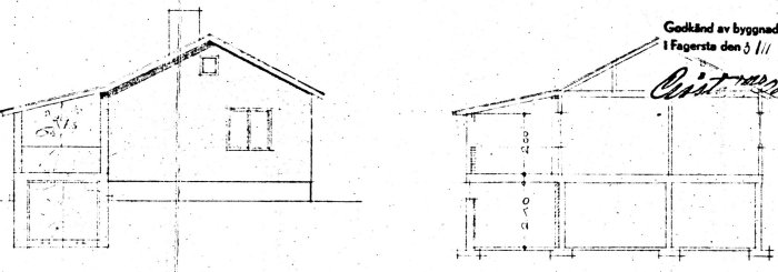 Ritning av hus med utbyggnad och terrass med tak, godkänd av byggnadsnämnden.