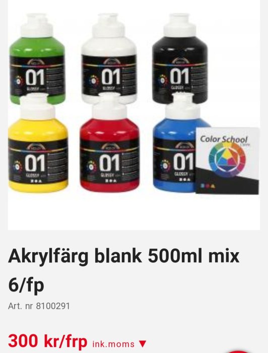 Akrylfärgflaskor i grundfärger - vit, svart, gul, röd, blå, grön, med en färgcirkel.