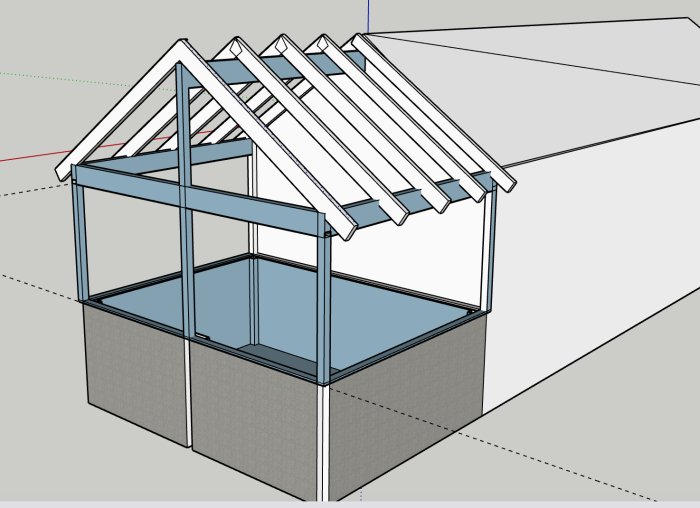 Ritning av ett planerat utbygge på ett hus med öppet till nocken och limträbalkar, designat för mycket glaspartier.