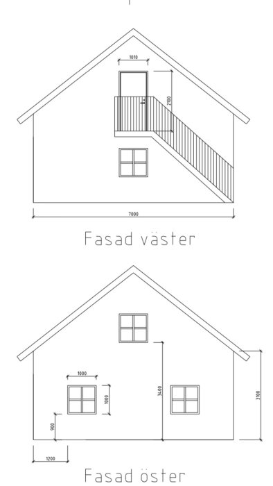 Ritningar av väst- och östfasader på garage med måttangivelser för fönster och dörrar.