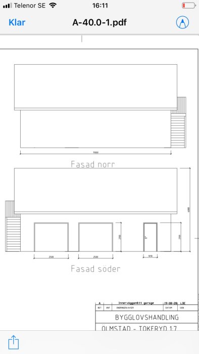 Ritningar som visar garageprojektets norra och södra fasader utan fönster som matchar huset.